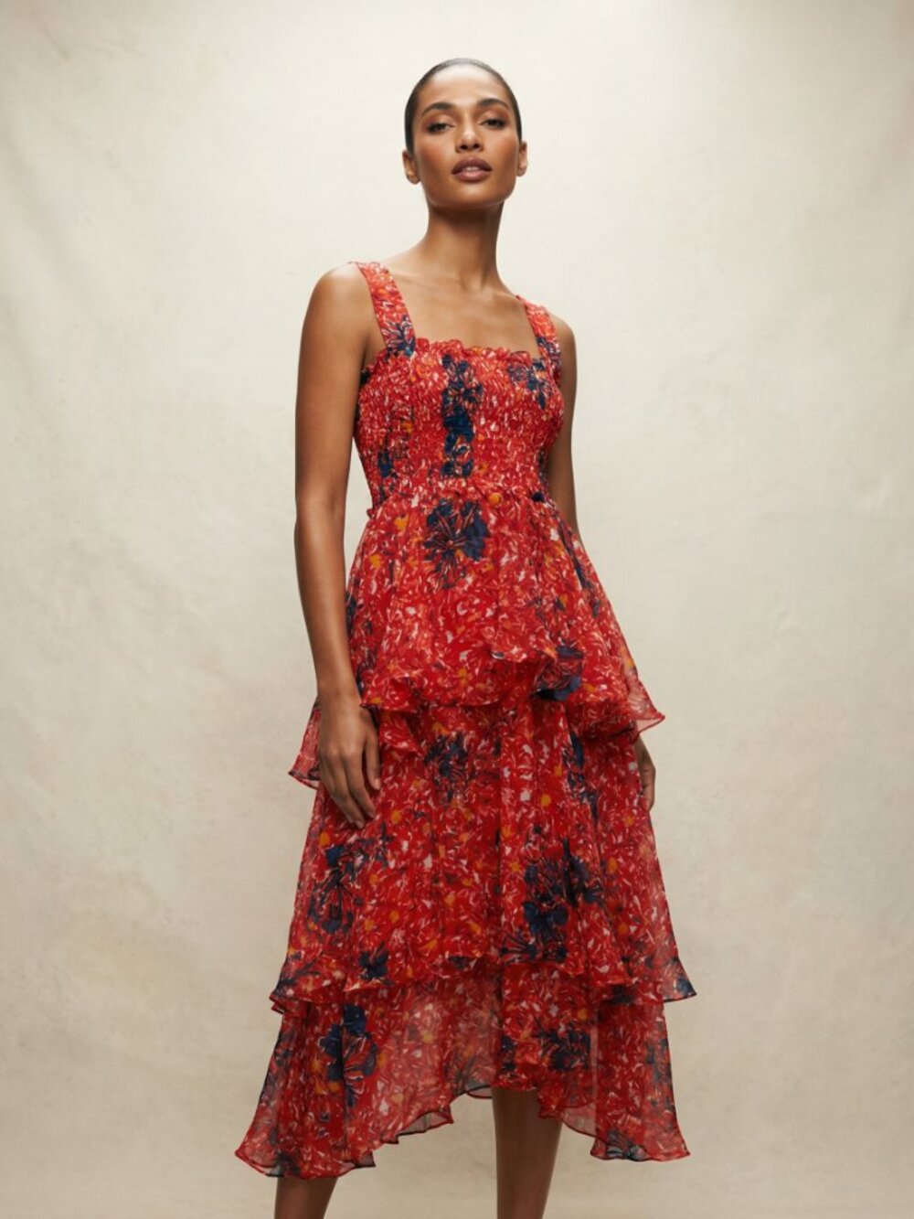 Elegant Red Floral High Low Dress